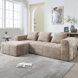 Hoekbank bedbank in Chenille stof – 3-zits – met 3 kussens – Kaki – 250x158x60cm Hoekbank bedbank in Chenille stof – 3-zits – met 3 kussens – Kaki – 250x158x60cm
