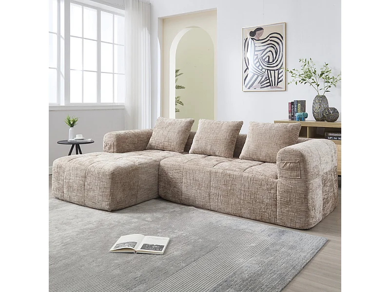 Hoekbank bedbank in Chenille stof - 3-zits - met 3 kussens - Kaki - 250x158x60cm