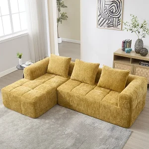 Hoekbank bedbank in Chenille stof – 3-zits – met 3 kussens – Geel – 250x158x60cm Hoekbank bedbank in Chenille stof – 3-zits – met 3 kussens – Geel – 250x158x60cm
