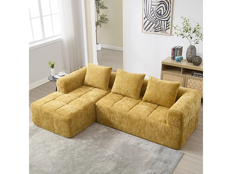 Hoekbank bedbank in Chenille stof - 3-zits - met 3 kussens - Geel - 250x158x60cm