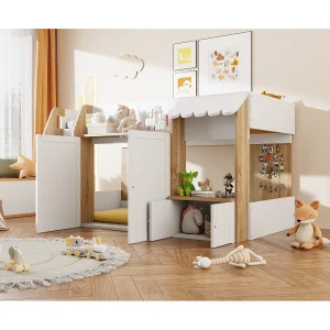 Halfhoog bed 90×200 cm met opbergruimte – Houten kajuitbed voor kinderen – Wit en houtkleur Halfhoog bed 90×200 cm met opbergruimte – Houten kajuitbed voor kinderen – Wit en houtkleur