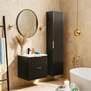 Zwart gestreept hangmeubel voor badkamer met wastafel en kolom, 60 cm, ZEVARA
