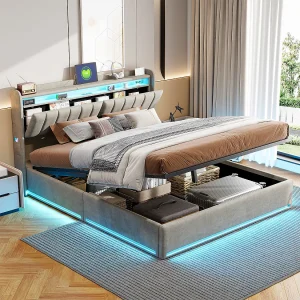 Grijs fluwelen opbergbed van 140×190 cm met RGB-ledverlichting, hoofdbord met opbergruimte en USB- en USB-C-aansluitingen.