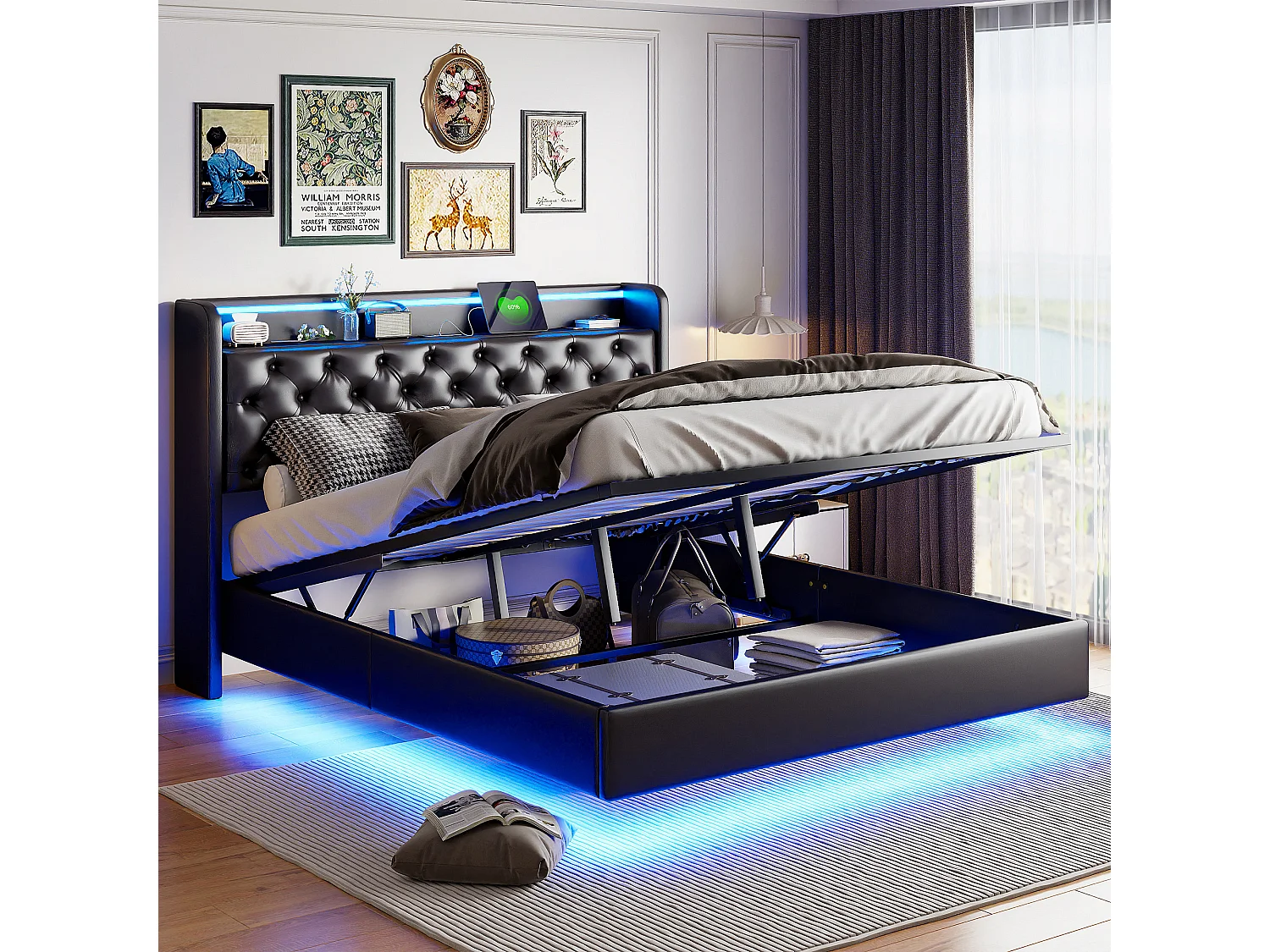Hangend bed van 160x200 cm met geïntegreerde opbergruimte, LED-hoofdbord, zwarte PU-bekleding, USB- en stroomaansluitingen, modern hydraulisch frame