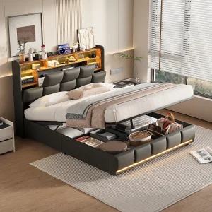Gestoffeerd bed 140×190 cm met USB- en stopcontacten, kinderbed met lattenbodem en opbergruimte, LED-bed met opbergruimte, zwart kunstleer Gestoffeerd bed 140×190 cm met USB- en stopcontacten, kinderbed met lattenbodem en opbergruimte, LED-bed met opbergruimte, zwart kunstleer