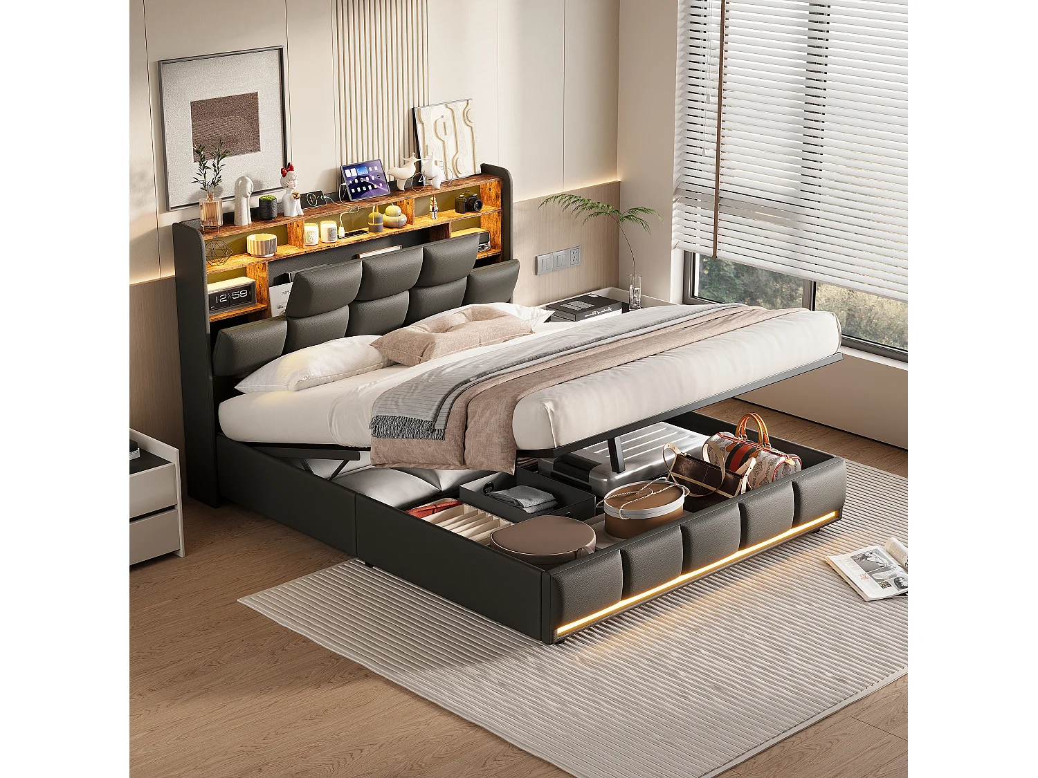 Gestoffeerd bed 140×190 cm met USB- en stopcontacten, kinderbed met lattenbodem en opbergruimte, LED-bed met opbergruimte, zwart kunstleer