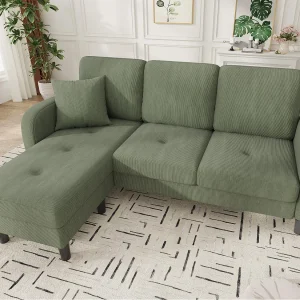 Hoekbank met chaise longue – 3-zits – Geribbeld fluweel – Groen Hoekbank met chaise longue – 3-zits – Geribbeld fluweel – Groen