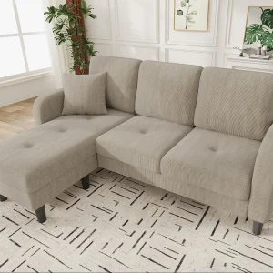 Hoekbank met chaise longue – 3-zits – Geribbeld fluweel – Lichtbruin Hoekbank met chaise longue – 3-zits – Geribbeld fluweel – Lichtbruin