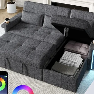 Hoekbank 3-zits – om te bouwen tot bed – met LED-verlichting + USB – verstelbare rugleuning met kussens – Chenille – grijs Hoekbank 3-zits – om te bouwen tot bed – met LED-verlichting + USB – verstelbare rugleuning met kussens – Chenille – grijs