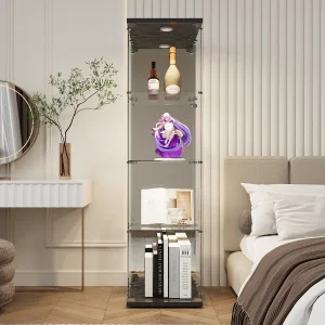 Glazen vitrinekast met slot en ledverlichting – 4 planken – 1 deur – 36,5 x 42,5 x 164 cm – zwart Glazen vitrinekast met slot en ledverlichting – 4 planken – 1 deur – 36,5 x 42,5 x 164 cm – zwart