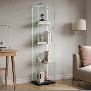Glazen vitrinekast met 4 planken en ledverlichting – 163 x 39 x 35 cm – Smalle vitrinekast – zwart Glazen vitrinekast met 4 planken en ledverlichting – 163 x 39 x 35 cm – Smalle vitrinekast – zwart