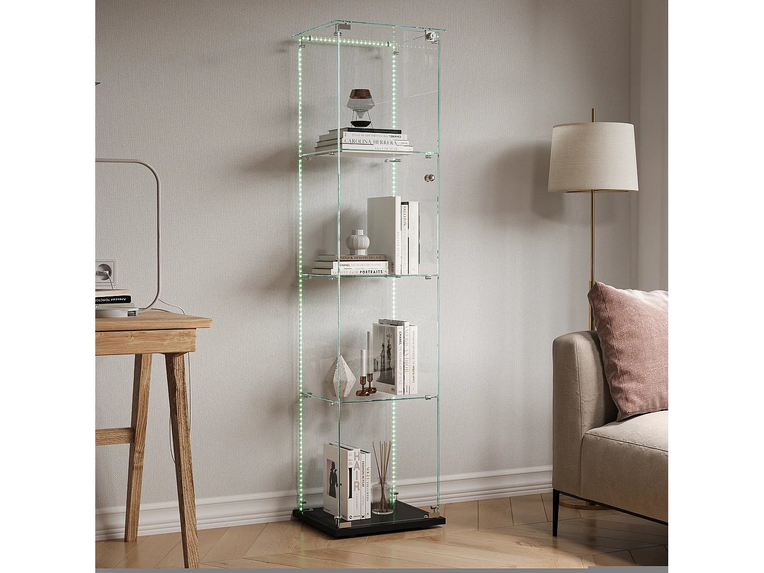 Glazen vitrinekast met 4 planken en ledverlichting - 163 x 39 x 35 cm - Smalle vitrinekast - zwart