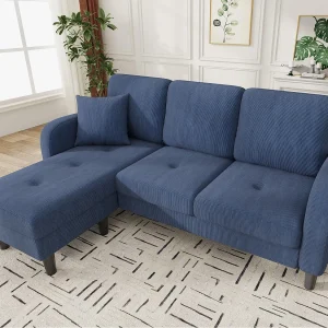 Hoekbank met chaise longue – 3-zits – Geribbeld fluweel – Blauw Hoekbank met chaise longue – 3-zits – Geribbeld fluweel – Blauw
