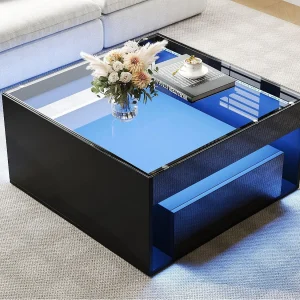 Glanzende salontafel 70x70x35 cm – Met LED-verlichting – 1 lade – Open plank – Blad van gehard glas – MDF – Zwart
