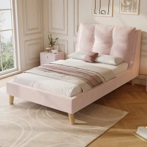Gestoffeerd kinderbed – 90 x 200 cm – met lattenbodem en hoofdeinde – massief houten poten – fluweel – roze Gestoffeerd kinderbed – 90 x 200 cm – met lattenbodem en hoofdeinde – massief houten poten – fluweel – roze