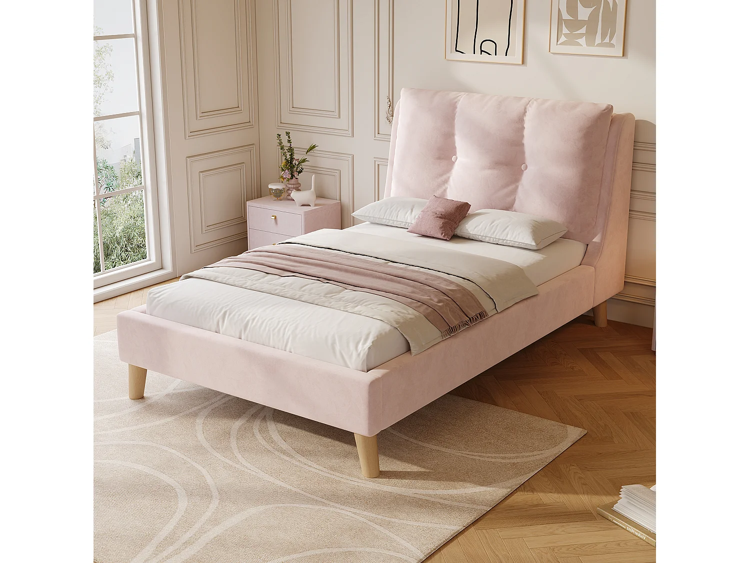 Gestoffeerd kinderbed - 90 x 200 cm - met lattenbodem en hoofdeinde - massief houten poten - fluweel - roze