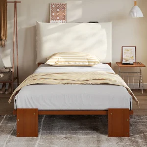 Gestoffeerd kinderbed – 90 x 200 cm – met hoofdbord en lattenbodem – grenen en multiplex – donkerbruin Gestoffeerd kinderbed – 90 x 200 cm – met hoofdbord en lattenbodem – grenen en multiplex – donkerbruin