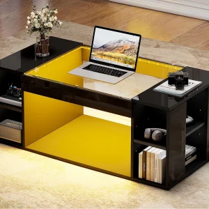 Glanzende salontafel 100x50x40cm – met LED-verlichting – Open opbergruimte – Blad van gehard glas – MDF – Zwart