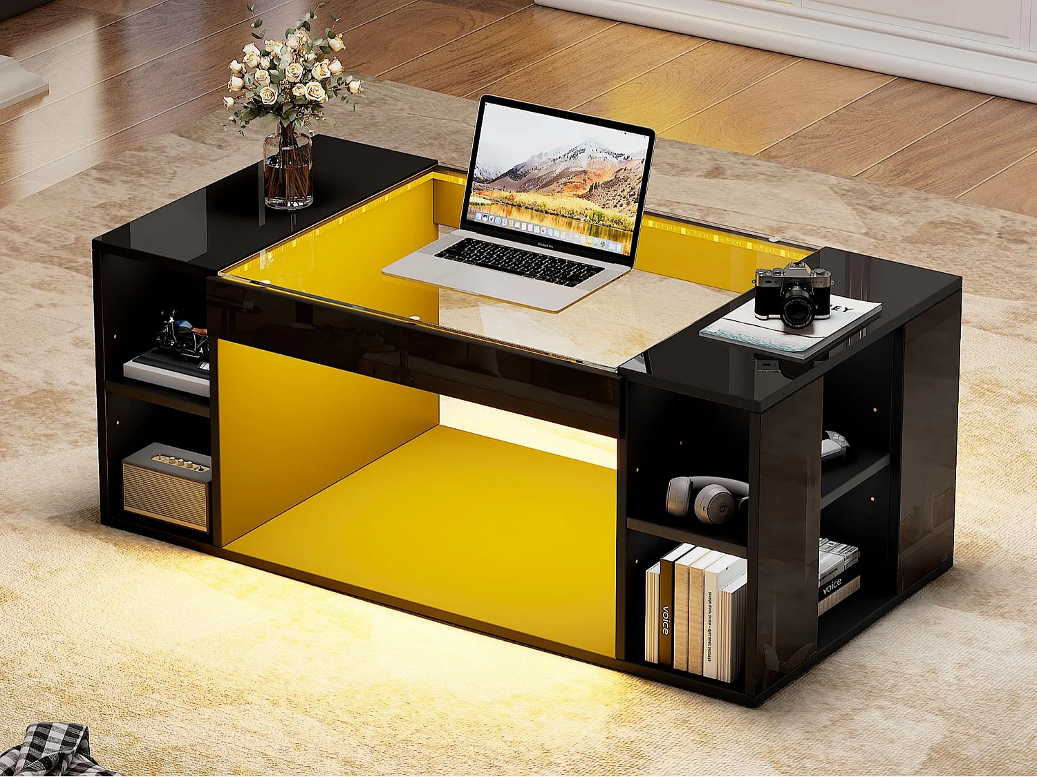 Glanzende salontafel 100x50x40cm - met LED-verlichting - Open opbergruimte - Blad van gehard glas - MDF - Zwart
