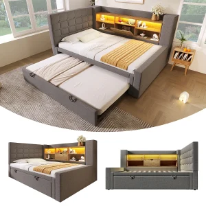 Gestoffeerd bed 90 x 200 cm met uitschuifbaar bed 90 x 190 cm – met ledverlichting + opbergruimte in het hoofdeinde – linnen – grijs