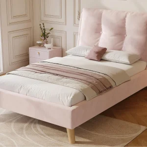Gestoffeerd kinderbed 90x200cm – Verstelbare kussens – Poten van massief hout – Fluweel – Roze (Matras niet inbegrepen) Gestoffeerd kinderbed 90x200cm – Verstelbare kussens – Poten van massief hout – Fluweel – Roze (Matras niet inbegrepen)