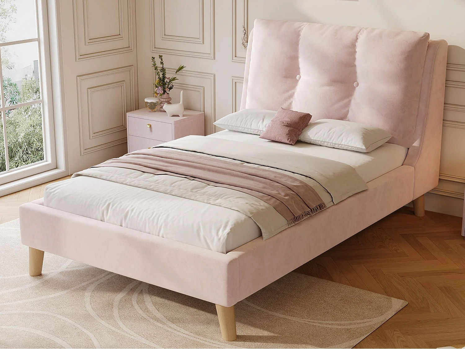 Gestoffeerd kinderbed 90x200cm - Verstelbare kussens - Poten van massief hout - Fluweel - Roze (Matras niet inbegrepen)