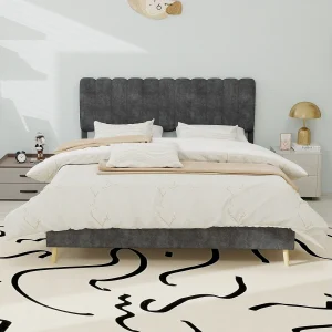 Gestoffeerd bed 140x200cm met hoofdbord – Volwassenenbed in fluweel – Grijs Gestoffeerd bed 140x200cm met hoofdbord – Volwassenenbed in fluweel – Grijs