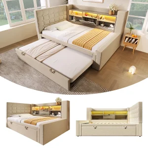 Gestoffeerd bed 90 x 200 cm met uitschuifbaar bed 90 x 190 cm – met ledverlichting + opbergruimte in het hoofdeinde – linnen – beige