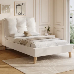 Gestoffeerd kinderbed – 90 x 200 cm – met lattenbodem en hoofdeinde – massief houten poten – fluweel – beige Gestoffeerd kinderbed – 90 x 200 cm – met lattenbodem en hoofdeinde – massief houten poten – fluweel – beige