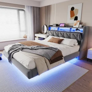 Gestoffeerd tweepersoonsbed – 180 x 200 cm – neerklapbaar gestoffeerd hoofdeinde met opbergruimte + LED-verlichting – MDF – grijs Gestoffeerd tweepersoonsbed – 180 x 200 cm – neerklapbaar gestoffeerd hoofdeinde met opbergruimte + LED-verlichting – MDF – grijs