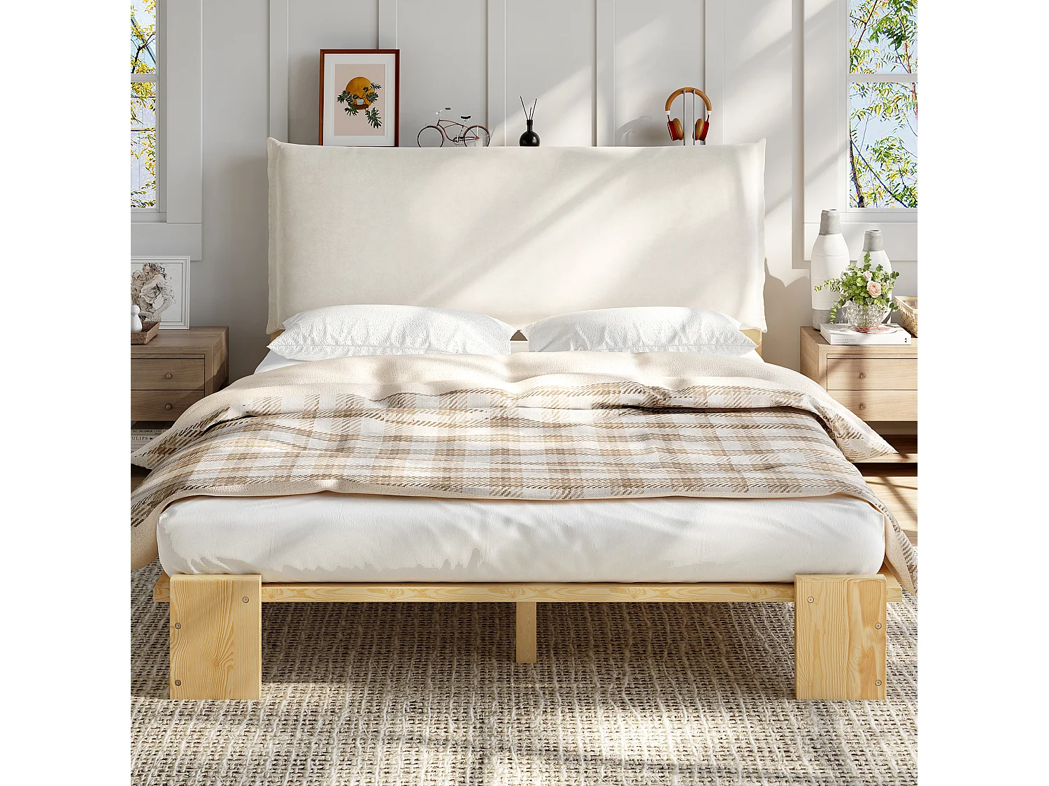 Gestoffeerd tweepersoonsbed - 140 x 200 cm - met hoofdbord + lattenbodem - grenen + multiplex - naturel