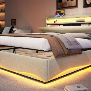 Gestoffeerd bed met opbergruimte 140×200 cm – met LED-licht – met USB- + Type-C-interface – met opbergvakken – linnen stof – beige