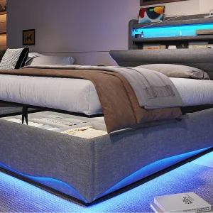 Gestoffeerd bed met opbergruimte 90×200 cm – met LED-licht – met USB- + Type-C-interface – met opbergvakken – linnen stof – grijs