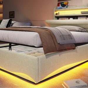 Gestoffeerd bed met opbergruimte 90×200 cm – met LED-licht – met USB- + Type-C-interface – met opbergvakken – linnen stof – beige