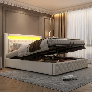 Gestoffeerd opbergbed – 140 x 190 cm – met lattenbodem + hydraulische opbergruimte + LED-verlichting – PU – wit Gestoffeerd opbergbed – 140 x 190 cm – met lattenbodem + hydraulische opbergruimte + LED-verlichting – PU – wit