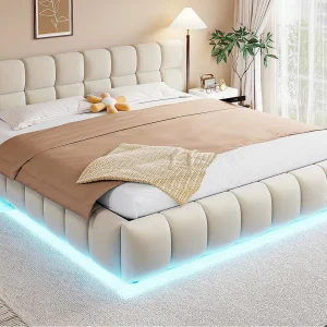 Gestoffeerd bed met opbergruimte 180×200 cm – met LED-verlichting – Fluweel stof – beige (Matras niet inbegrepen) Gestoffeerd bed met opbergruimte 180×200 cm – met LED-verlichting – Fluweel stof – beige (Matras niet inbegrepen)