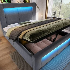 Gestoffeerd bed met opbergruimte 90x200cm – met LED-verlichting – met USB- en Type-C-poorten – fluweel – Grijs (zonder matras) Gestoffeerd bed met opbergruimte 90x200cm – met LED-verlichting – met USB- en Type-C-poorten – fluweel – Grijs (zonder matras)