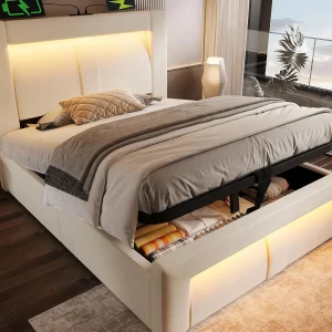 Gestoffeerd bed met opbergruimte 90x200cm – met LED-verlichting – met USB- en Type-C-poorten – fluweel – Beige​ (zonder matras)