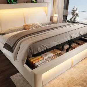 Gestoffeerd bed met opbergruimte 160x200cm – met LED-verlichting – met USB- en Type-C-poorten – fluweel – Beige​ (zonder matras)