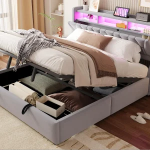 Gestoffeerd bed met opbergruimte 180 x 200 cm – Opslaand hoofdeinde – met stopcontact – met LED-verlichting – Fluweel – Lichtgrijs​ (matras niet inbegrepen)