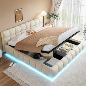 Gestoffeerd tweepersoonsbed met opbergruimte – 180 x 200 cm – met LED-verlichting + hoofdbord + hydraulische opbergruimte – fluweel – beige