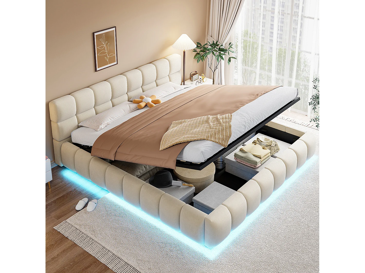 Gestoffeerd tweepersoonsbed met opbergruimte - 180 x 200 cm - met LED-verlichting + hoofdbord + hydraulische opbergruimte - fluweel - beige