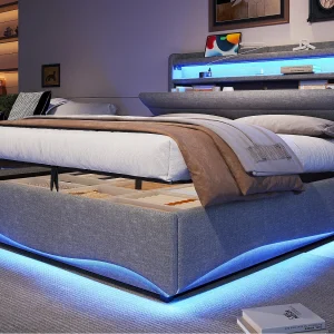 Gestoffeerd bed met opbergruimte 140×200 cm – met LED-licht – met USB- + Type-C-interface – met opbergvakken – linnen stof – grijs