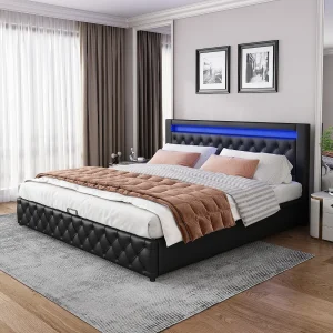 Gestoffeerd opbergbed – 140 x 190 cm – met lattenbodem + hydraulische opbergruimte + LED-verlichting – PU – zwart Gestoffeerd opbergbed – 140 x 190 cm – met lattenbodem + hydraulische opbergruimte + LED-verlichting – PU – zwart