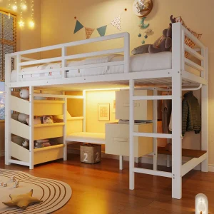 Halfhoogslaper met metalen frame – 90 x 200 cm – met zitkussen + stoffen opbergvak en lades + LED-verlichting – Metaal – wit