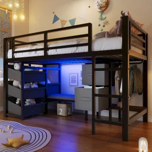Halfhoogslaper met metalen frame – 90 x 200 cm – met zitkussen + stoffen opbergvak en lades + LED-verlichting – Metaal – zwart