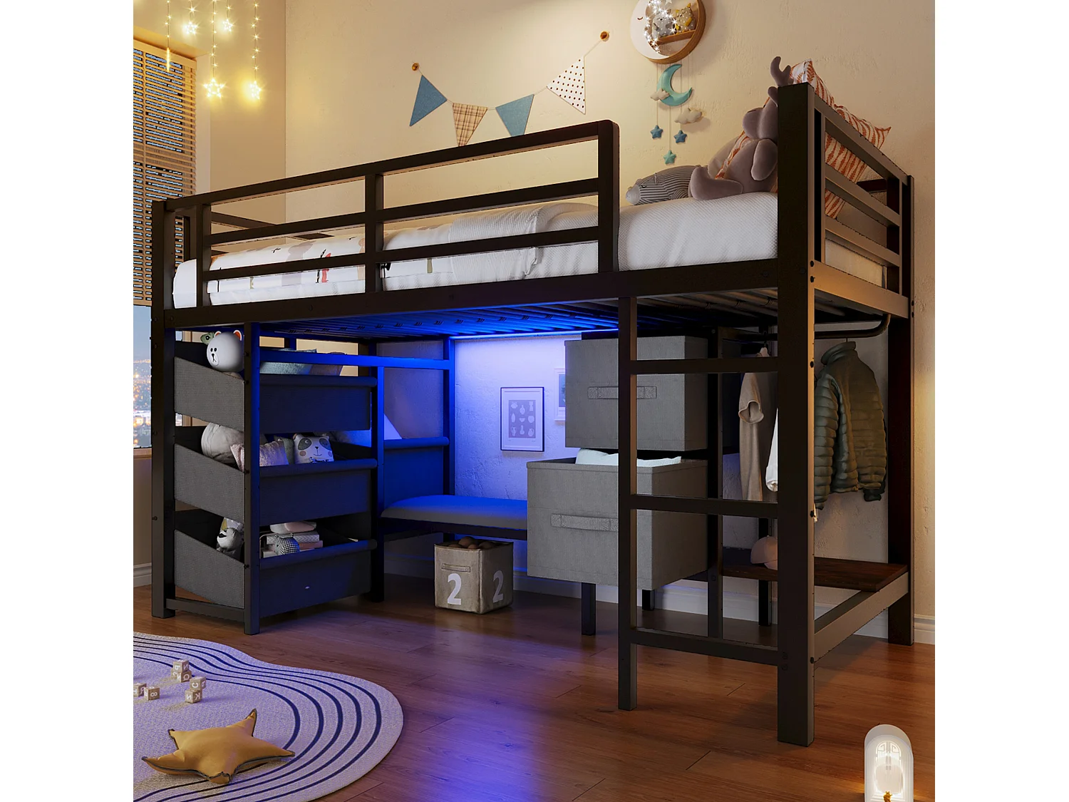 Halfhoogslaper met metalen frame - 90 x 200 cm - met zitkussen + stoffen opbergvak en lades + LED-verlichting - Metaal - zwart