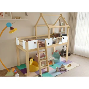Halfhoog bed 90x200cm – Kinderkajuitbed van MDF en grenenhout – Licht naturel en wit Halfhoog bed 90x200cm – Kinderkajuitbed van MDF en grenenhout – Licht naturel en wit
