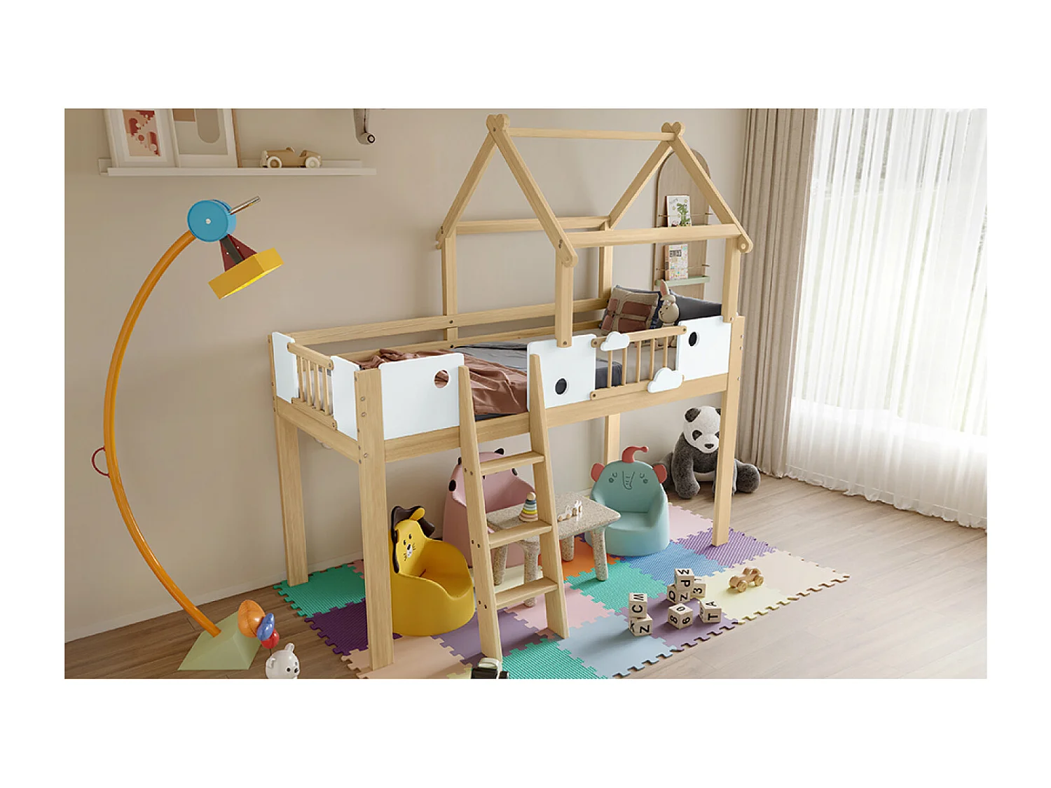 Halfhoog bed 90x200cm - Kinderkajuitbed van MDF en grenenhout - Licht naturel en wit