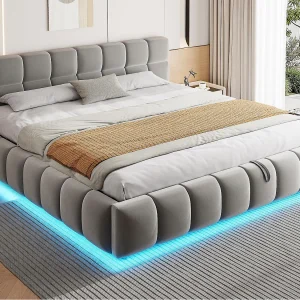 Gestoffeerd bed met opbergruimte 180×200 cm – met LED-verlichting – Fluweel stof – Grijs (Matras niet inbegrepen) Gestoffeerd bed met opbergruimte 180×200 cm – met LED-verlichting – Fluweel stof – Grijs (Matras niet inbegrepen)